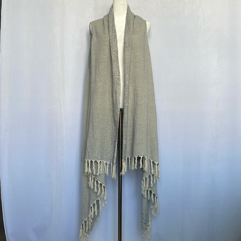 World Market Open Front Waterfall Cardigan One Size Fringe Blue Cream Boho Long